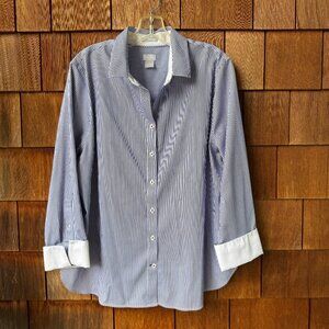 Chico's Blue/White Striped Long Sleeve No-Iron Shirt in Women's 16